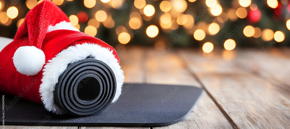 Yoga Mat Topped with Santa Hat and Christmas Tree in Background Against Wooden Table in Festive Still Life Indoors
