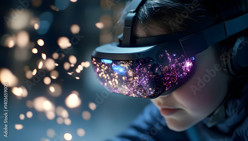 Obraz na płótnie Young Boy Immersed in Virtual Reality Wearing VR Headset Surrounded by Bokeh Lights Demonstrating Innovative Technology w salonie