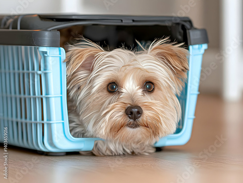 Obraz na płótnie Yorkshire Terrier Peeking Out From Light Blue Pet Carrier in Natural Light w salonie