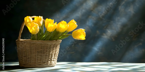 Obraz na płótnie Yellow Tulips in Woven Basket with Sunlight and Shadows on Dark Background for Home Decor w salonie