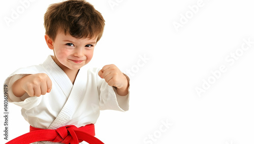 Obraz na płótnie Young Boy in White Karate Gi with Red Belt Strikes a Martial Arts Pose on White w salonie