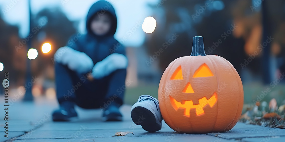 Young Boy Sits Near Illuminated Jack O Lantern Pumpkin In An Urban Halloween Night Scene With Festive Decorations And Glowing Light