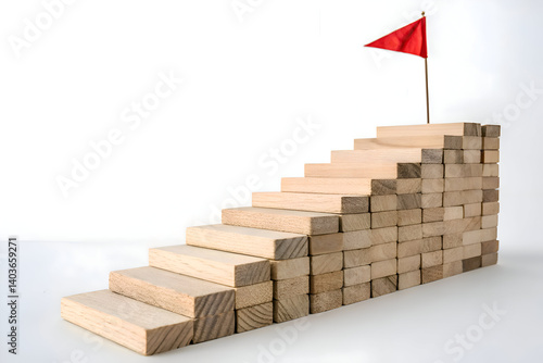 wooden blocks staircase with red flag symbolizing goal achievement or success path download for free 