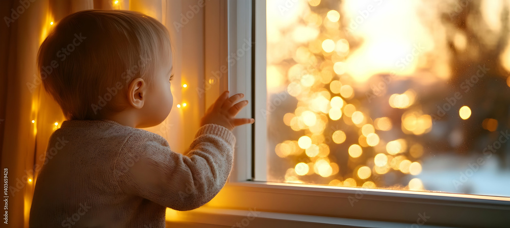 Young Child Gazing Out Window at Christmas Tree Lights in Warm Interior with Garland and Snowy Scenery Outside