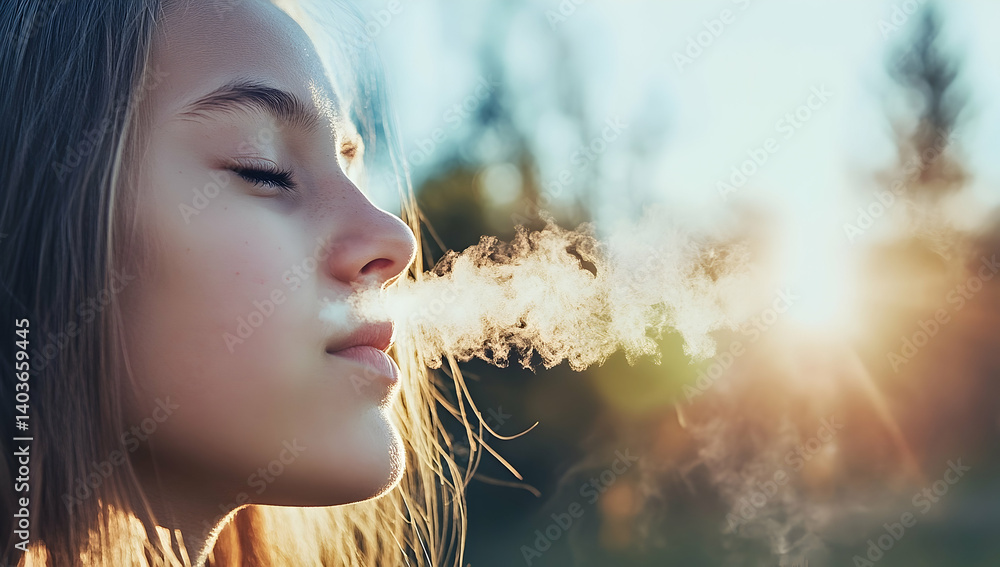 Young Girl Exhaling Vapor Breath In Cold Winter Light With Bokeh Sunlight And Blurry Tree Background