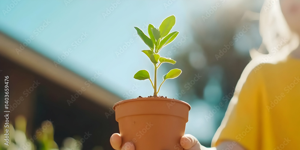 Young Child Holding Green Plant in Terracotta Pot Under Blue Sky Outdoors During Daytime