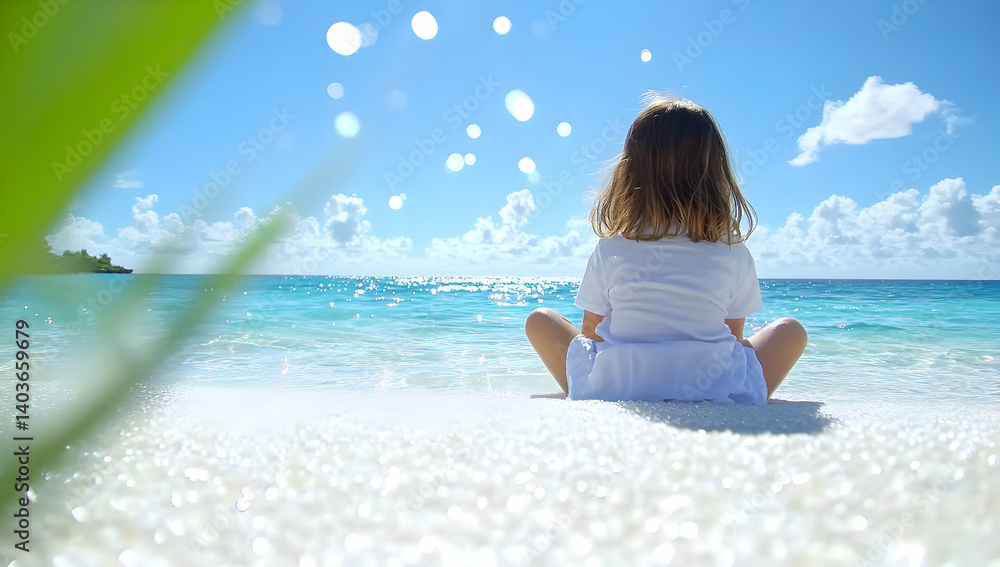Young Girl in White Dress Sitting on Sandy Beach Looking at Blue Sea Under Sunny Sky