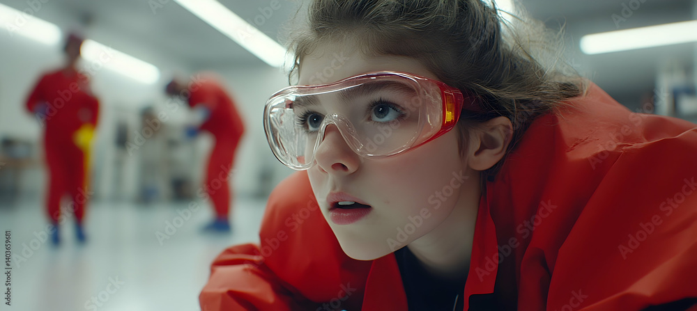 Young Girl Wearing Protective Goggles and Red Suit in a Brightly Lit White Room with People in The Background