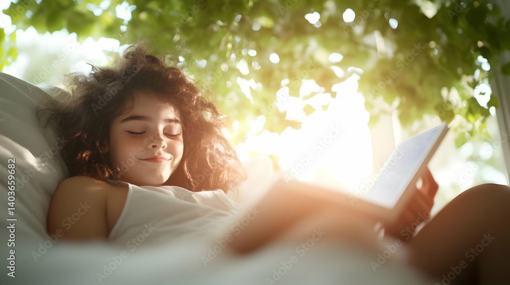 Young Girl Reading on Digital Tablet Under Tree Canopy in Sunlight with Curly Hair and White Casual Top
