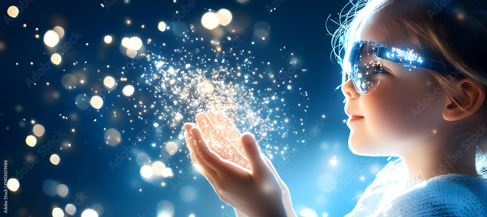 Young Girl Wearing Futuristic Glasses Holding Magic Glitter in Hands in Dreamy Blue Hued Background with Bokeh Lights