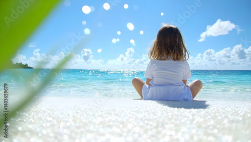 Obraz na płótnie Young Girl in White Dress Sitting on Sandy Beach Looking at Blue Sea Under Sunny Sky w salonie
