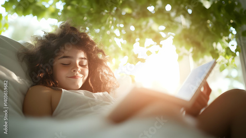 Obraz na płótnie Young Girl Reading on Digital Tablet Under Tree Canopy in Sunlight with Curly Hair and White Casual Top w salonie