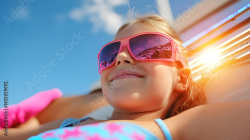 Obraz na płótnie Young Girl with Pixelated Sunglasses Relaxing on Deck Chair with Blue Sky and Lens Flare on Sunny Day w salonie