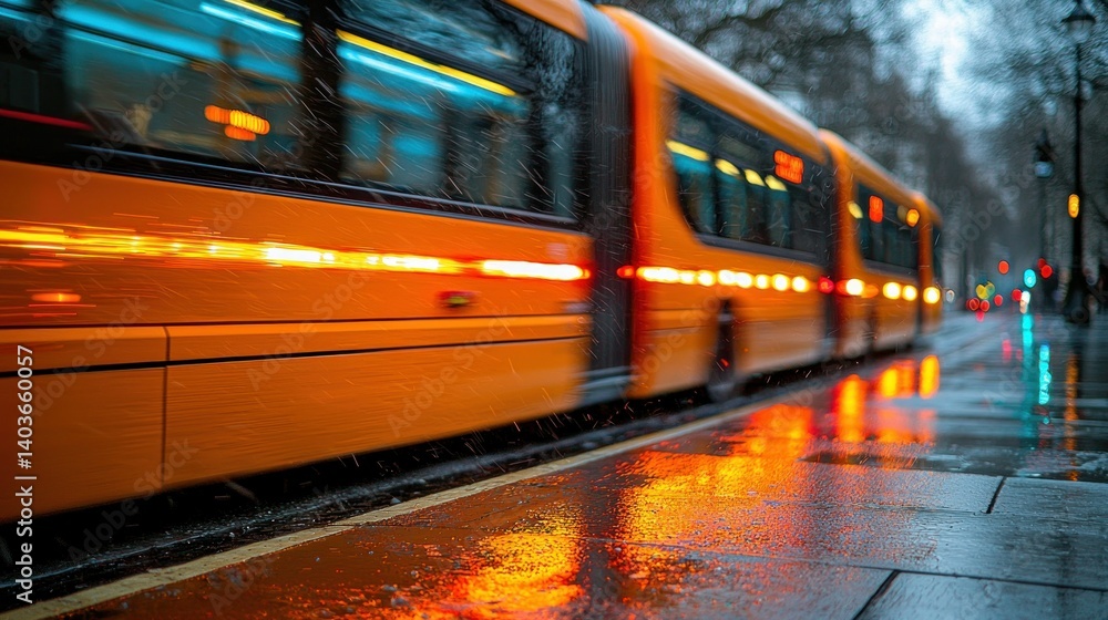Naklejka premium Rainy Cityscape: Blurry Orange Bus in Motion