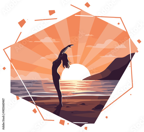 Silhouette of woman doing yoga sun salutation by the beach at sunrise. Cartoon banner