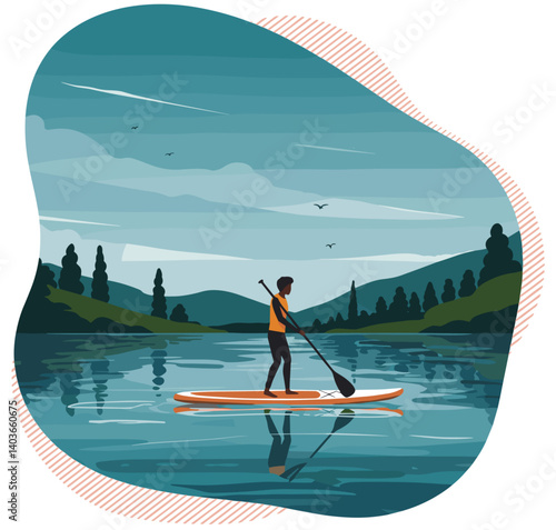 Black man doing stand up paddle by the lake. Minimalist flat design vector