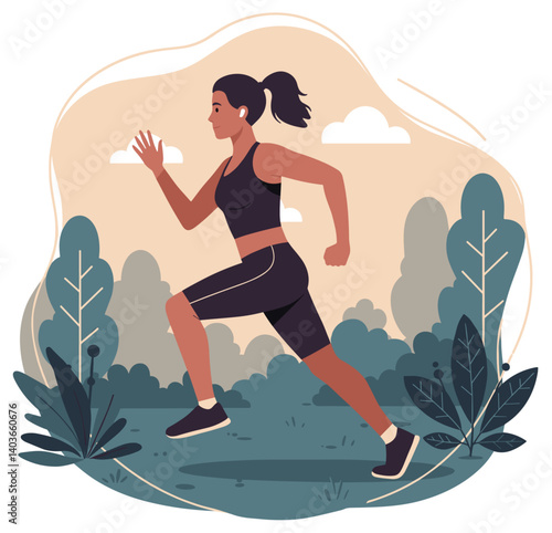 Latina running in the park using wireless headphones. Colorful illustration vector