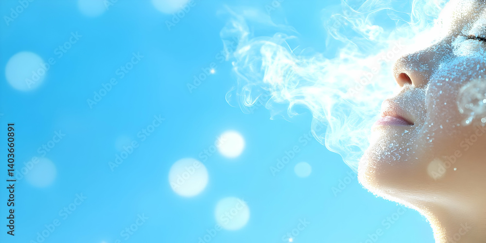 Young Woman with Stream of White Particles Emanating from Face in Light Blue Background