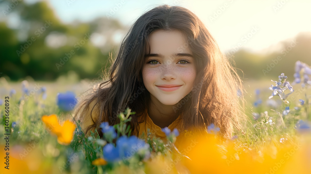 Youthful Brunette Girl Smiling Amidst Wildflowers in Sunny Meadow with Blue and Yellow Blooms