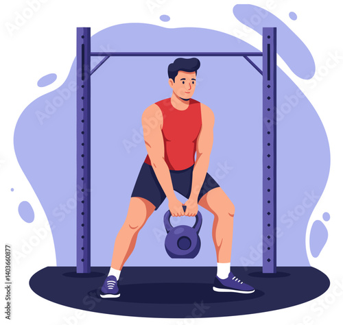 Flat design illustration of man lifting kettle bells