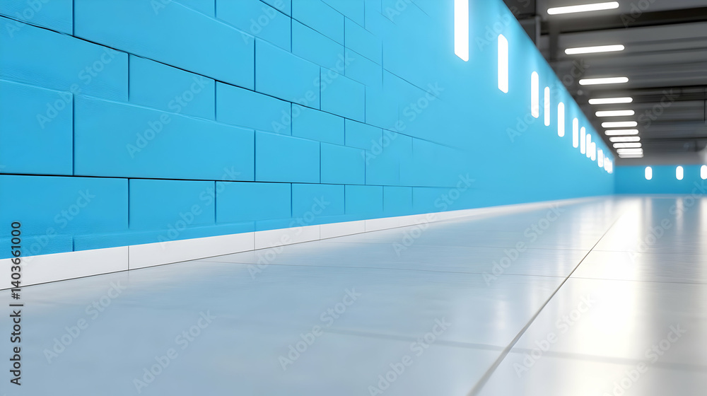 Abstract Architectural Corridor with Blue Walls and Linear Perspective