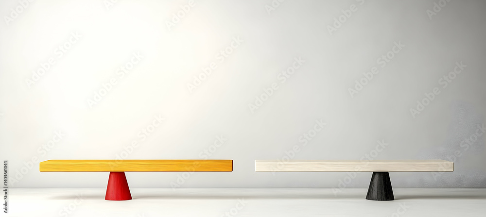 Abstract Balance Featuring Red And Yellow Pawn Figures In A Minimalist Studio Setting