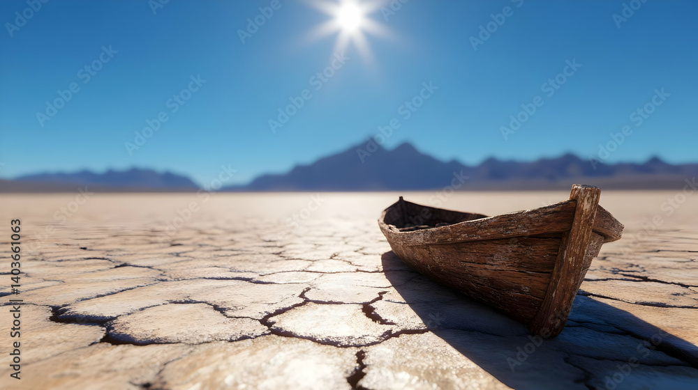 Abandoned Boat on Cracked Desert Floor under Clear Blue Sky with Distant Mountains and Intense Sunlight