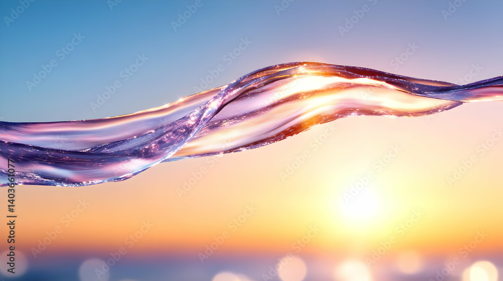 Abstract 3D Wave with Sunset Sky Background in Motion and Liquid Energy
