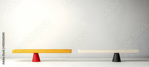 Obraz na płótnie Abstract Balance Featuring Red And Yellow Pawn Figures In A Minimalist Studio Setting w salonie