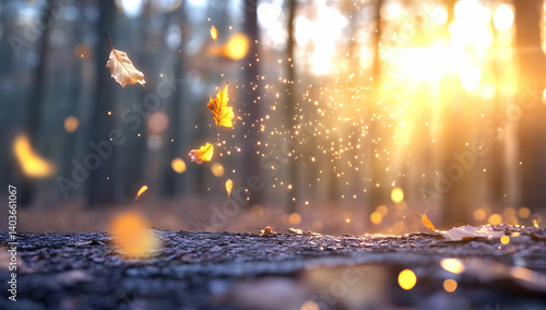Abstract Autumnal Forest Floor with Golden Light and Falling Leaves in Woodland