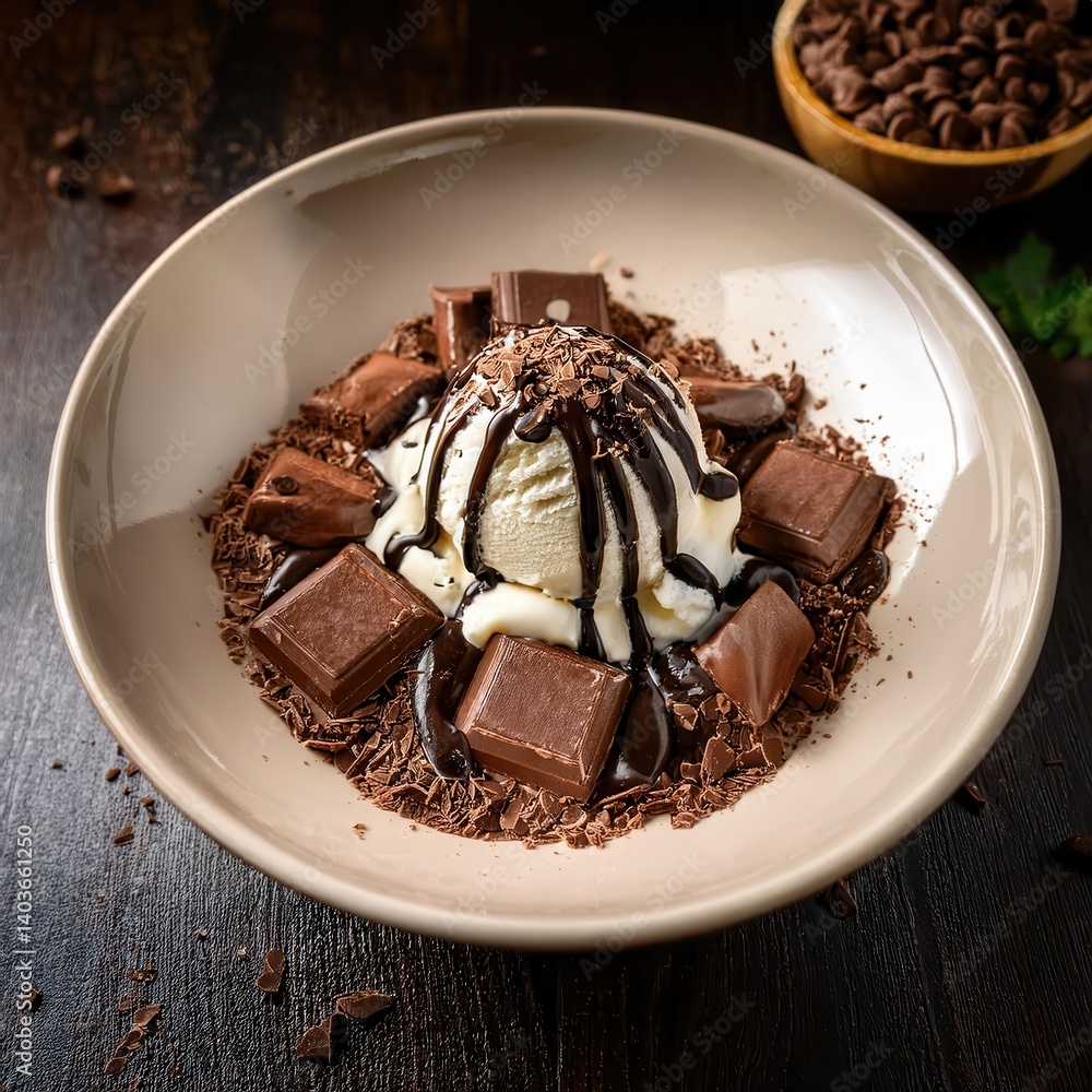 Decadent Chocolate Dessert with Ice Cream and Shaved Toppings Decadent Chocolate Dessert with Ice Cream and Shaved Toppings