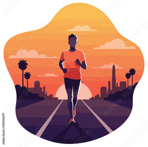 Minimalist illustration of man running at sunset in city streets