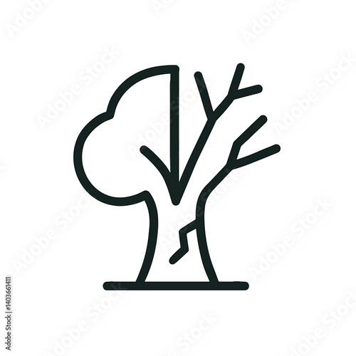 Minimal black line icon of half-dead tree symbolizing deforestation, climate change, environmental damage, and nature conservation awareness