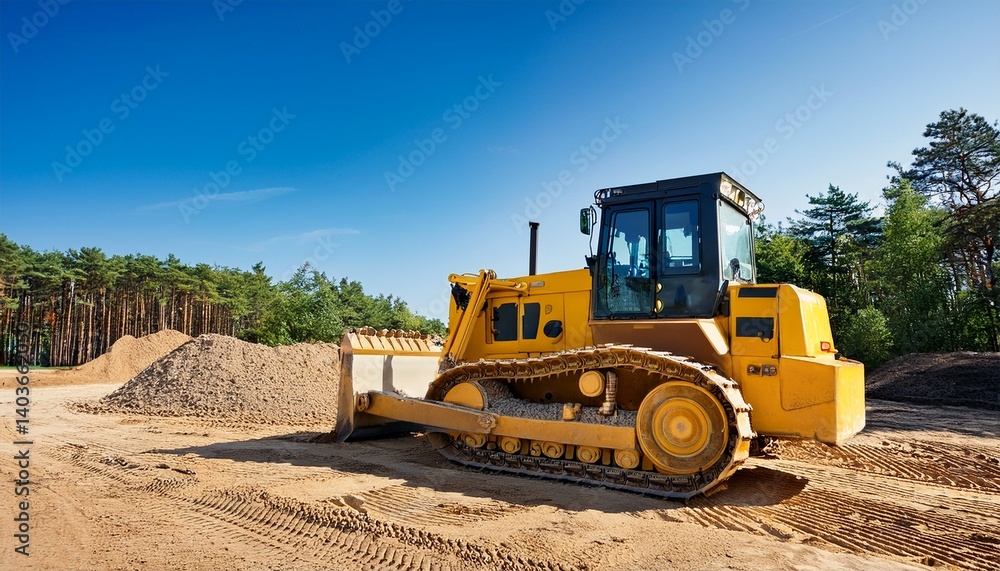 yellow bulldozer with a front blade and caterpillar tracks itrs situated in an area with piles of dirt or sand surrounded by trees and a clear blue sky yellow bulldozer with a front blade and caterpillar tracks itrs situated in an area with piles of dirt or sand surrounded by trees and a clear blue sky
