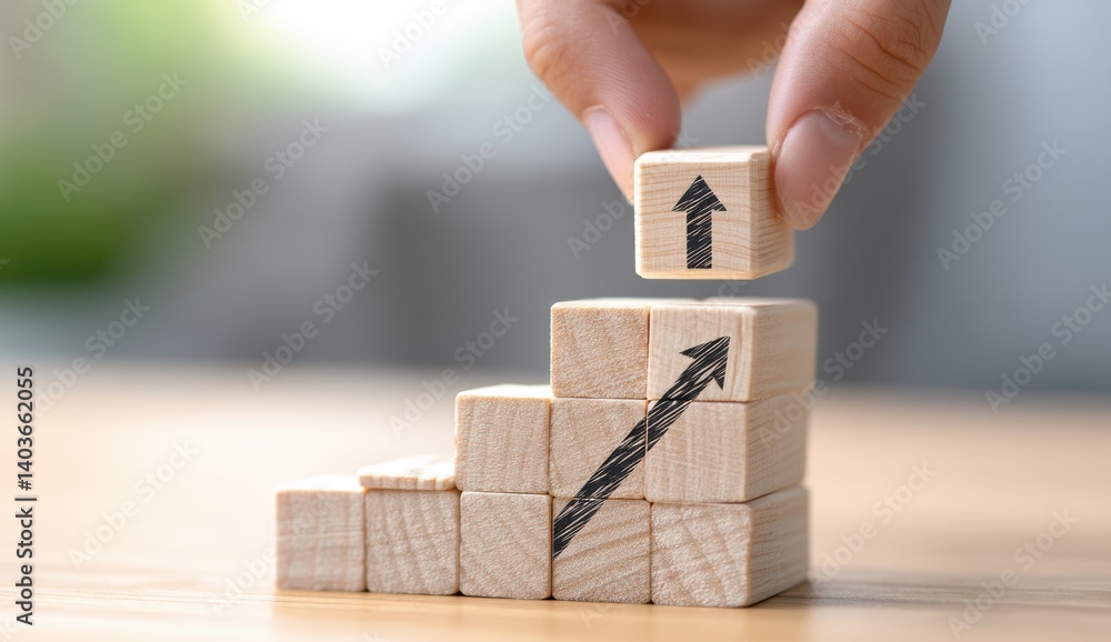 Obraz premium Hand stacking wooden blocks with arrows, symbolizing growth.
