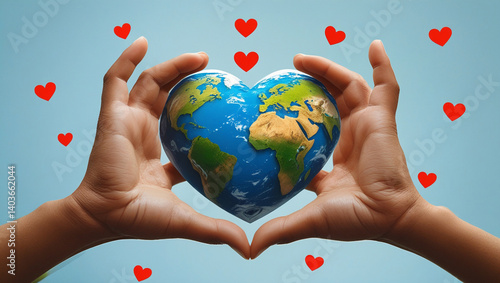 Loving hands cradling a heart-shaped Earth, symbolizing global unity and care, surrounded by hearts against a soft blue backdrop.