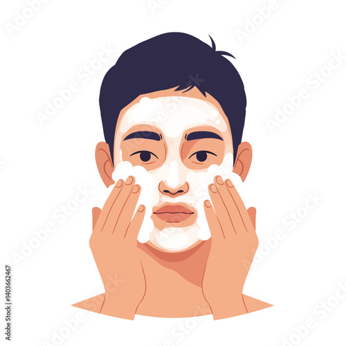 Young man applying facial cleanser with gentle motions for skincare routine