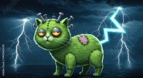 Frankenstein Cat with Stitches and Lightning Tail