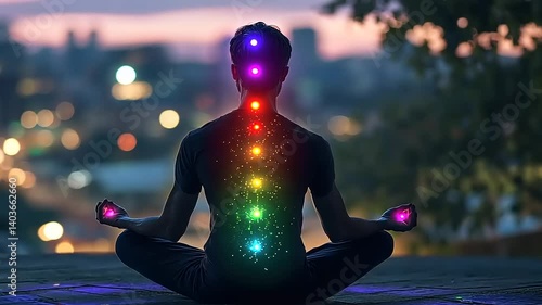A person meditating at sunset with colorful energy chakras glowing along their spine in a cityscape