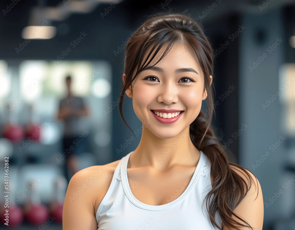 Smiling Asian woman in fitness wear standing in gym with workout equipment in background Smiling Asian woman in fitness wear standing in gym with workout equipment in background
