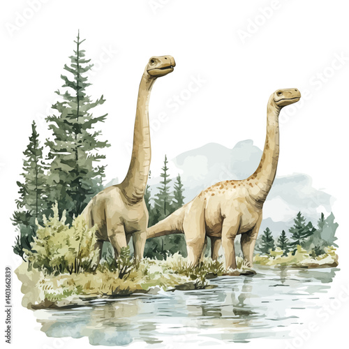 illustration of Herd Of Sauropods Walking Along A Riverbank, watercolor vector, isolated on a white background.
