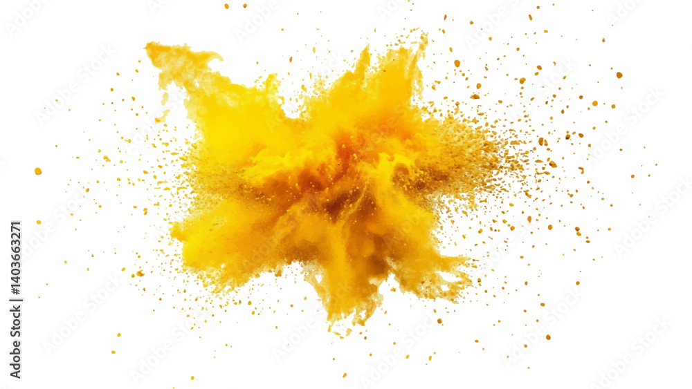 Holi paint explosion of dry yellow paints on a white transparent background. Colorful holi powder on white background. Holi paint explosion of dry yellow paints on a white transparent background. Colorful holi powder on white background.