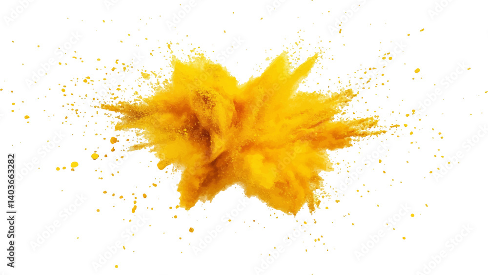 Holi paint explosion of dry yellow paints on a white transparent background. Colorful holi powder on white background. Holi paint explosion of dry yellow paints on a white transparent background. Colorful holi powder on white background.