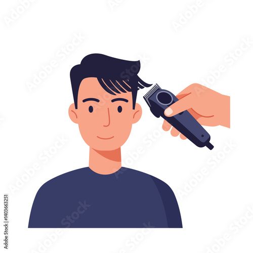 Young man receiving a haircut with clippers in a modern barbershop setting