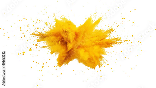Holi paint explosion of dry yellow paints on a white transparent background.  Colorful holi powder on white background.