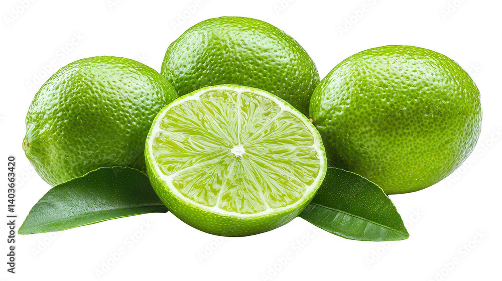 Fresh Limes Composition on Black Background with a Half Slice and Leaves Fresh Limes Composition on Black Background with a Half Slice and Leaves