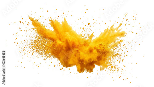 Holi paint explosion of dry yellow paints on a white transparent background.  Colorful holi powder on white background.