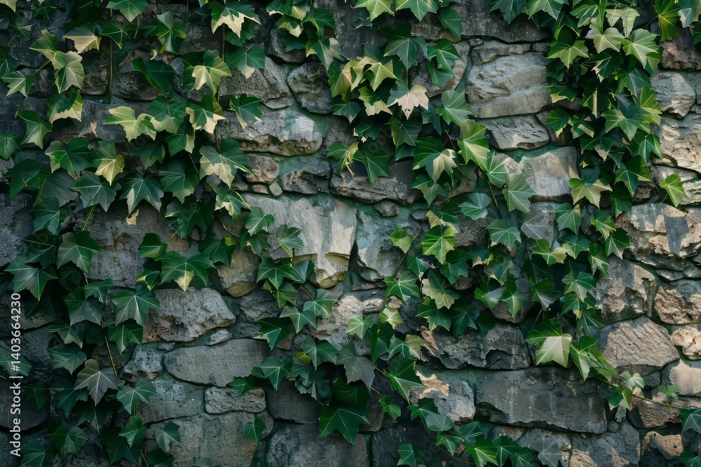 Lush Green Ivy Climbing Against Rustic Stone Wall Texture Lush Green Ivy Climbing Against Rustic Stone Wall Texture