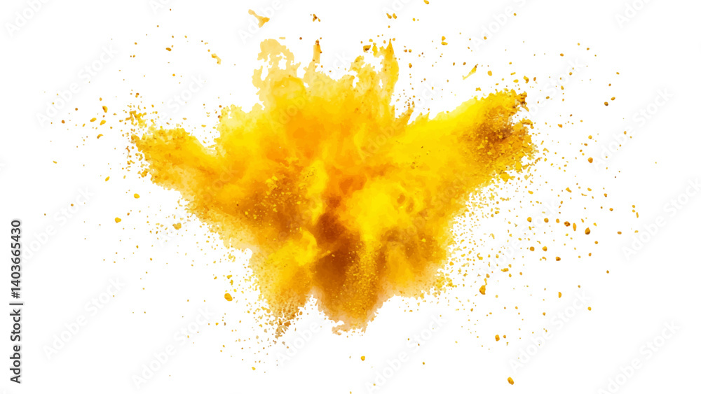 Holi paint explosion of dry yellow paints on a white transparent background. Colorful holi powder on white background. Holi paint explosion of dry yellow paints on a white transparent background. Colorful holi powder on white background.