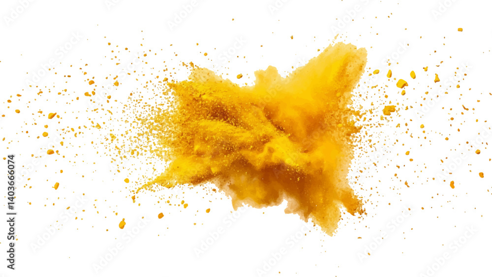 Holi paint explosion of dry yellow paints on a white transparent background. Colorful holi powder on white background. Holi paint explosion of dry yellow paints on a white transparent background. Colorful holi powder on white background.